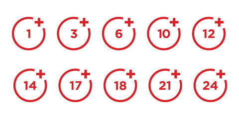 Set of age requirement icons indicating user restrictions and recommended age limits. Includes various age warning signs. Vector illustrations