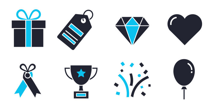 Gift and present vector icons collection with box ribbon bow celebration and party symbols
