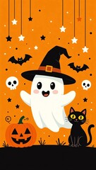 Halloween Spectacle: A whimsical and vibrant illustration of a festive Halloween scene, featuring a friendly ghost adorned with a witch's hat, and cheerful jack-o'-lantern and a sleek black cat.