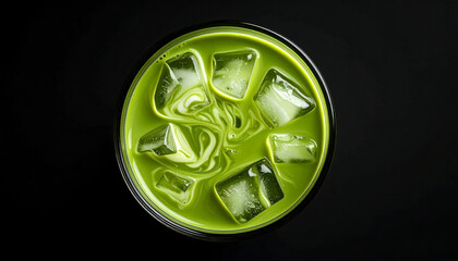 Refreshing Matcha Latte: Iced Green Tea with Cream Swirls on Black Background