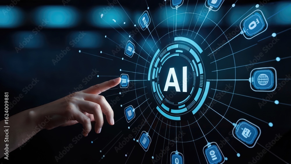 Poster human hand interacts with futuristic ai interface, exploring digital data and global connectivity