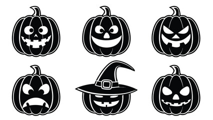 Collection of halloween jack o lanterns in black and white with various funny and scary faces