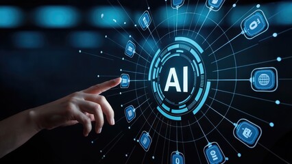 Human hand interacts with futuristic AI interface, exploring digital data and global connectivity