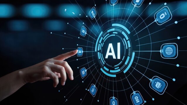 Human hand interacts with futuristic AI interface, exploring digital data and global connectivity