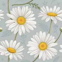 Fototapeta premium A refined botanical design showcasing white-petaled daisies in seamless repetition, blending natural elegance with minimalist aesthetics
