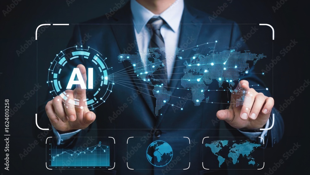 Poster businessman interacts with global ai network, showcasing data analytics and future technology concep