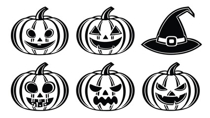 Halloween themed illustration featuring smiling and spooky jack o lanterns and a classic witch hat isolated against a white background