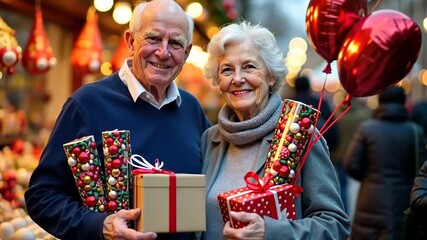 Generative AI. Elderly couple smiling joyfully while holding beautifully wrapped gifts and balloons, surrounded by festive decorations at a vibrant holiday market, celebrating the spirit of giving - Powered by Adobe