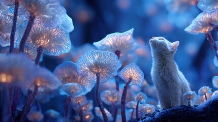 A silver cat stands among fluorescent mushrooms in a moonlit forest, creating a surreal image. This is a popular digital art piece perfect for a book cover or game scene. International Cat Day