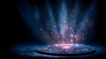 Futuristic glowing podium with cosmic nebula background and stars