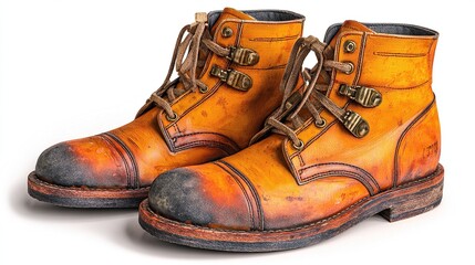 A pair of worn, amber-yellow leather boots with brass hardware, lace-up closure, and a sturdy, slightly scuffed sole, shown against a white background