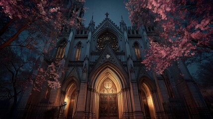Gothic Church at Night with Pink Blossoms