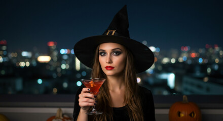 Fototapeta premium Halloween witch costume party: woman in witch hat with cocktail against city skyline view