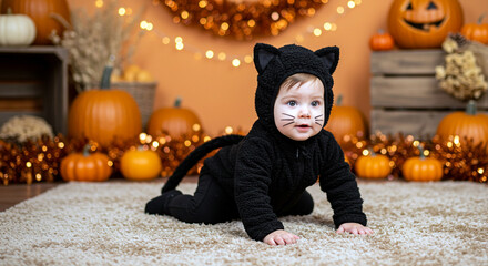 Halloween baby costume ideas: adorable baby in cat costume surrounded by pumpkins decor