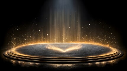 Obraz premium Circular golden podium with magical light beams and sparkles dark s...