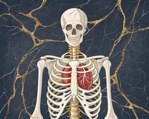 Anatomical Integrity: A meticulously detailed medical illustration, portraying a human skeleton and heart, presented in a modern style, conveying the intricacies of human anatomy.