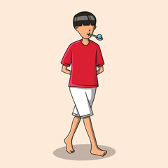 Boys competing in marble racing with red shirts and white shorts