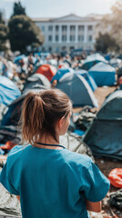 Obraz premium Humanitarian worker observing refugee camp with tents in front of government building