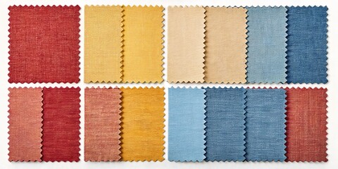 Palette of Fabric Samples: A collection of diverse fabric swatches, arranged meticulously, showcasing a spectrum of textures and colors, representing interior design and textile exploration.