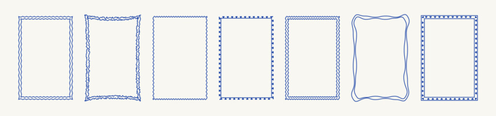 Doodle hand drawn frames set in stamp style. Minimalist line art. Vintage blue ornament borders for wedding, greeting cards, menu, prints, picnic invitations. Mediterranean sea coastal aesthetics. 