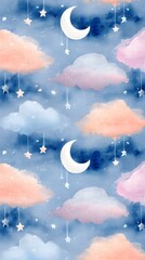Pastel Watercolor Moon & Stars Nursery Print – Soft Clouds & Shooting Stars for Kids’ Room Decor