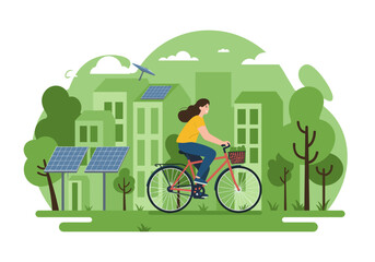 A woman rides a bicycle in a green city environment filled with solar panels, trees, and wind energy. It represents a sustainable lifestyle and the promotion of eco-mobility.