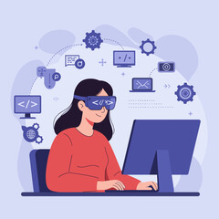 A woman wearing AR/VR goggles works on a computer surrounded by symbols of programming, AI, and digital development, showcasing immersive coding and futuristic technology in development.