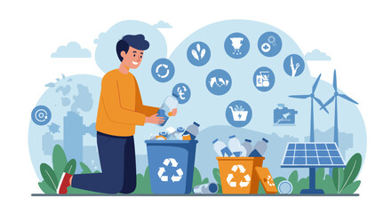 A young man recycles plastic bottles into labeled recycling bins in an environment surrounded by green technology like wind turbines and solar panels.