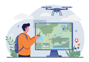 A man with a backpack uses a remote controller and a large monitor to navigate a drone over a mapped terrain