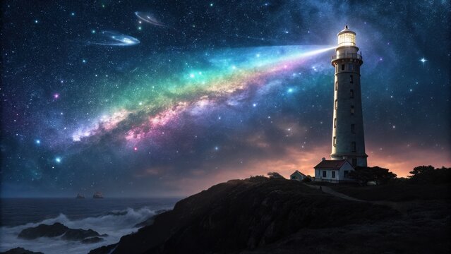 Guiding light lighthouse beams across cosmic galaxy and ocean waves under a starry night sky