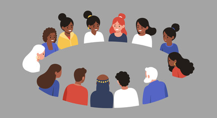 A diverse group of people sits in a circle having a group discussion. The image suggests community engagement, inclusivity, and meaningful dialogue.