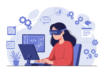 A woman wearing AR/VR goggles works on a computer surrounded by symbols of programming, AI, and digital development, showcasing immersive coding and futuristic technology in development.