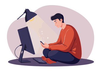 A young man types on his laptop with a blog page open, featuring a gender equality symbol