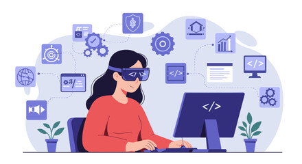 A woman wearing AR/VR goggles works on a computer surrounded by symbols of programming, AI, and digital development, showcasing immersive coding and futuristic technology in development.
