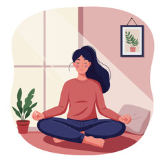 A woman meditates cross-legged in a peaceful indoor setting, surrounded by natural light and plants. The scene reflects mindfulness, relaxation, and a calm mental state.