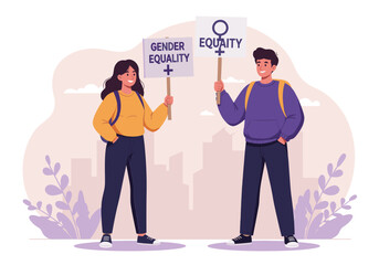 Two individuals hold signs advocating for gender equality, promoting the message of equal rights and representation across all genders.