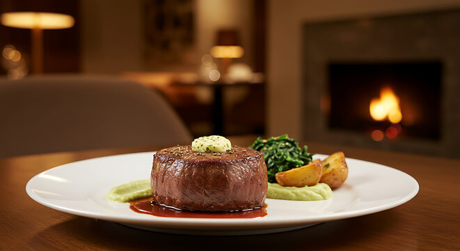 Gourmet fillet mignon steak served with sauce and herbs at elegant five-star restaurant — fine dining beef dish presentation
