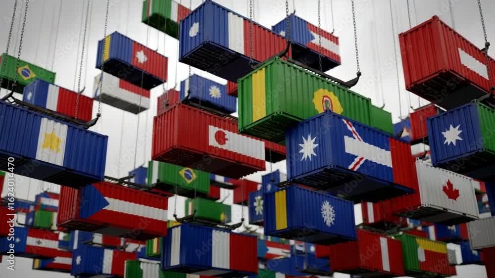 Poster suspended shipping containers adorned with various international flags create a global display