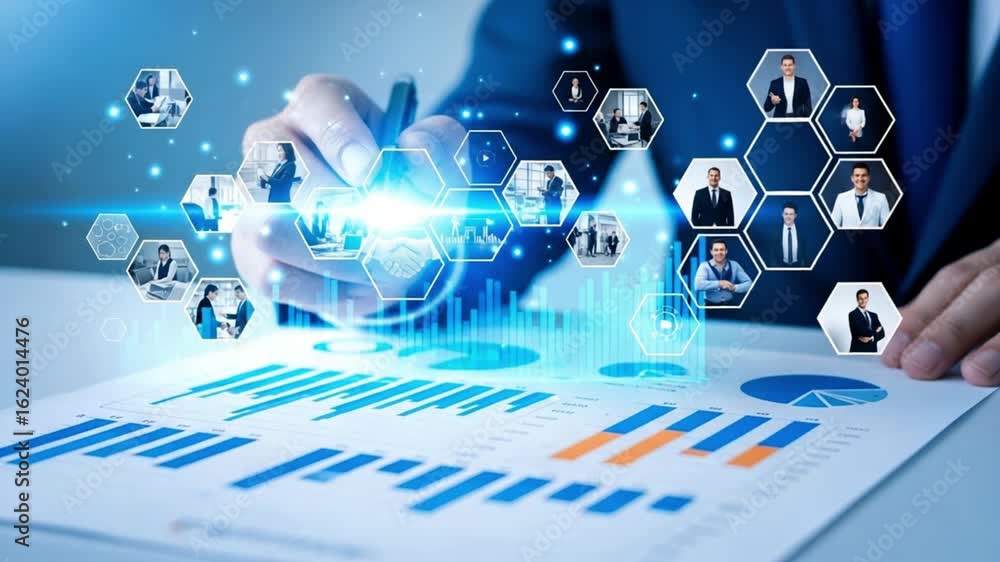 Poster businessman analyzing data charts with digital interface and glowing hexagon icons around him