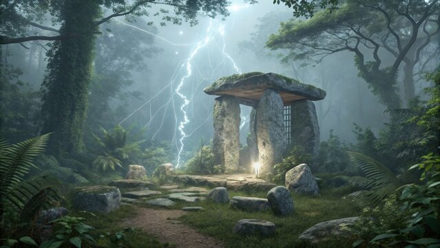 Mysterious ancient stone structure in misty forest struck by powerful lightning bolt