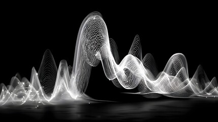 A 3D visualization of a sound wave or data waveform, a concept for audio analysis and signal processing

