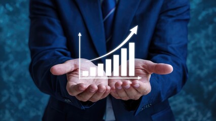 Man's hands presenting a glowing financial growth chart with upward trend arrow