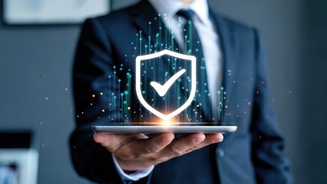Businessman holding tablet displaying digital shield icon with abstract network lines signifying cybersecurity