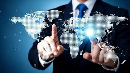 Businessman touching world map interface with glowing light on blue background studio shot - Powered by Adobe