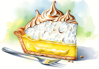 Lemon Meringue Pie Slice with Fork, Watercolor Art
