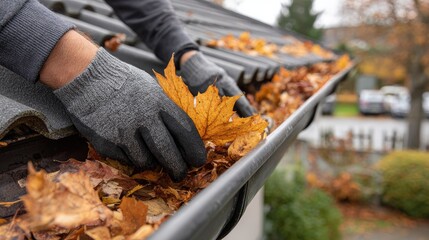 Person cleaning autumn leaves from a gutter.