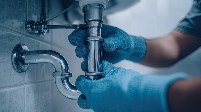 Plumber's hands connecting a drain pipe.