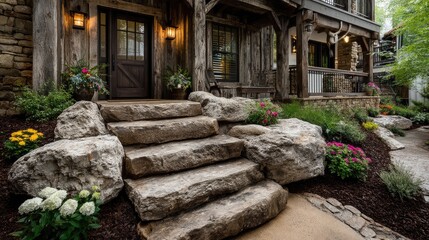 Fototapeta premium Rustic stone steps to a log cabin entrance. Landscaping surrounds