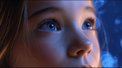 Curious young girl gazing upward, wide-eyed wonder, surrounded by soft blue lights, perfect for showcasing imagination.