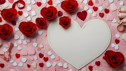 red heart with roses on wooden background
